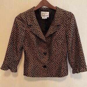 Rickie Freeman for Teri Jon 100% silk jacket black w milk chocolate polka dots 6